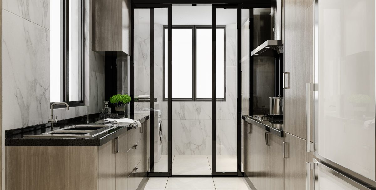3d rendering white minimal kitchen with wood decoration